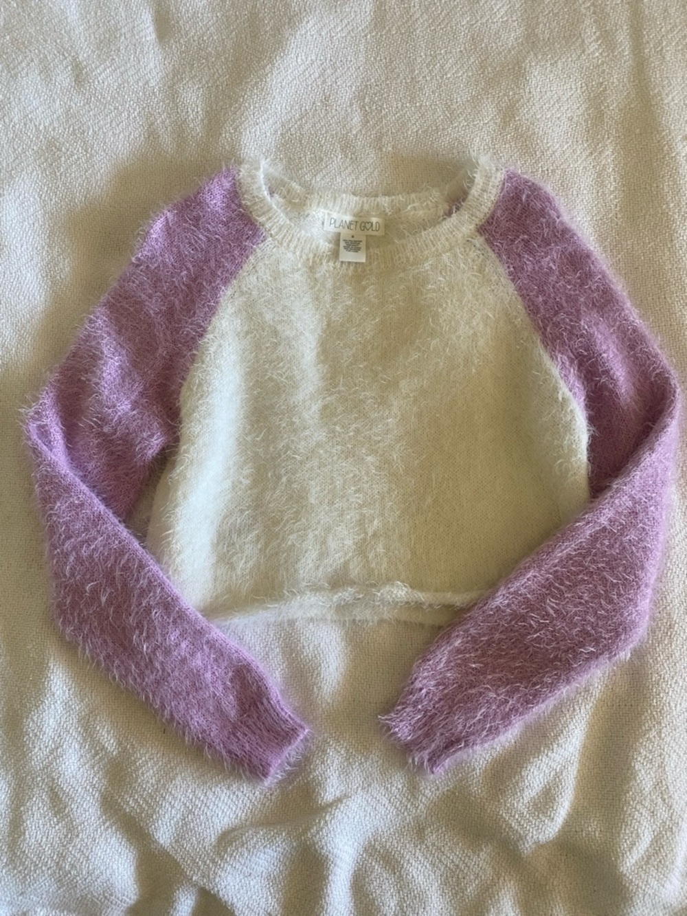 Small Adorable sweater. White Cream and Lavender Raglan sleeves Crewneck Sweater